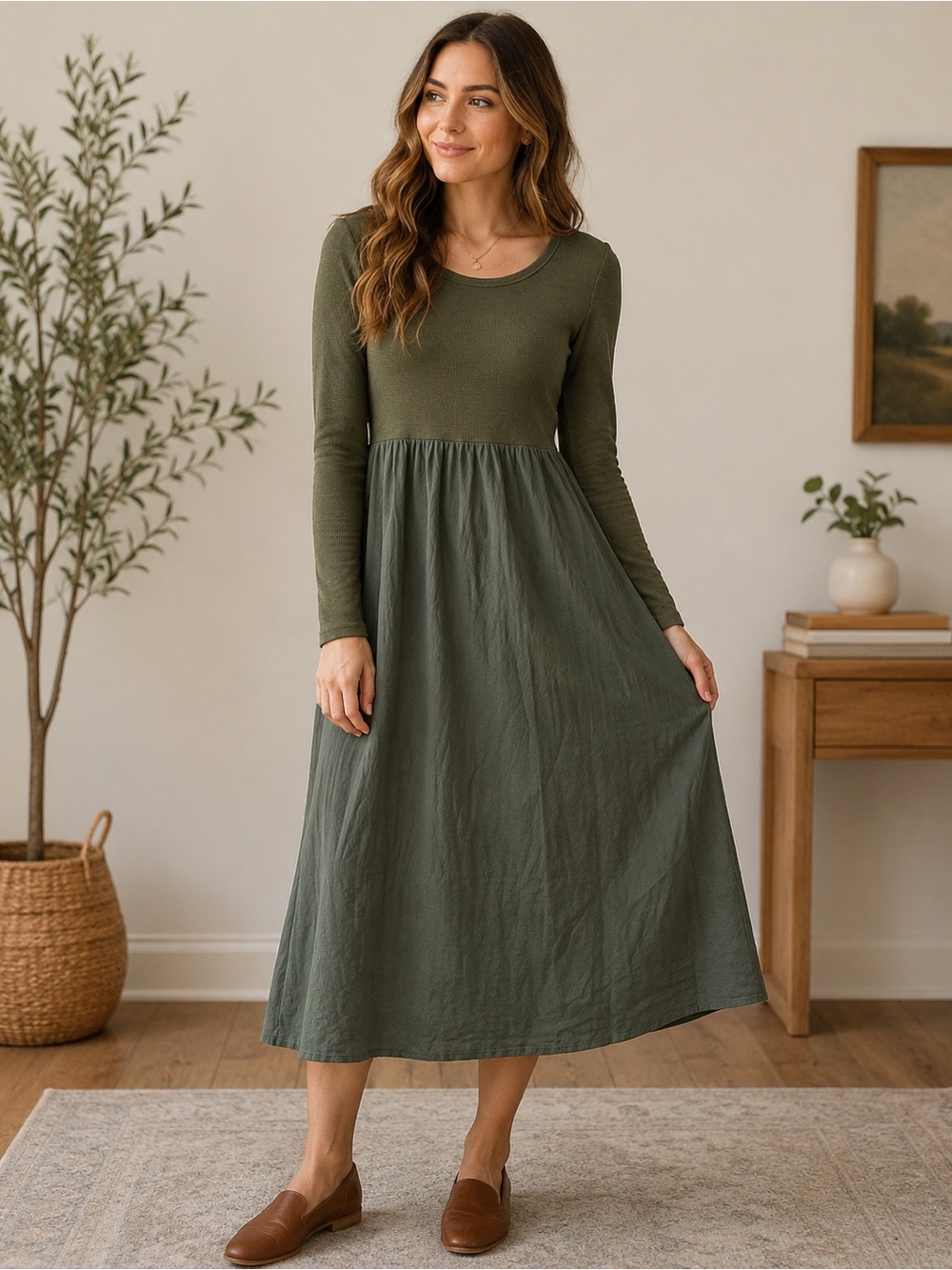 Hayden Olive Green Ribbed Babydoll Midi Dress Long Sleeve Cottagecore Size S